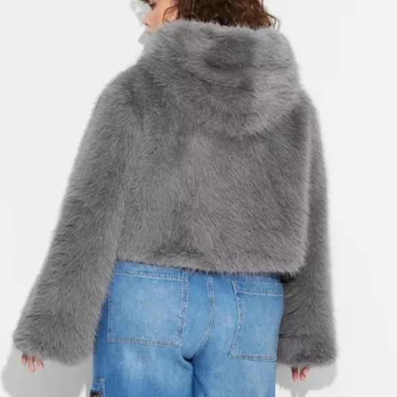 Viral Wild Fable Grey Hooded Fur Jacket NWT - Picture 5 of 9